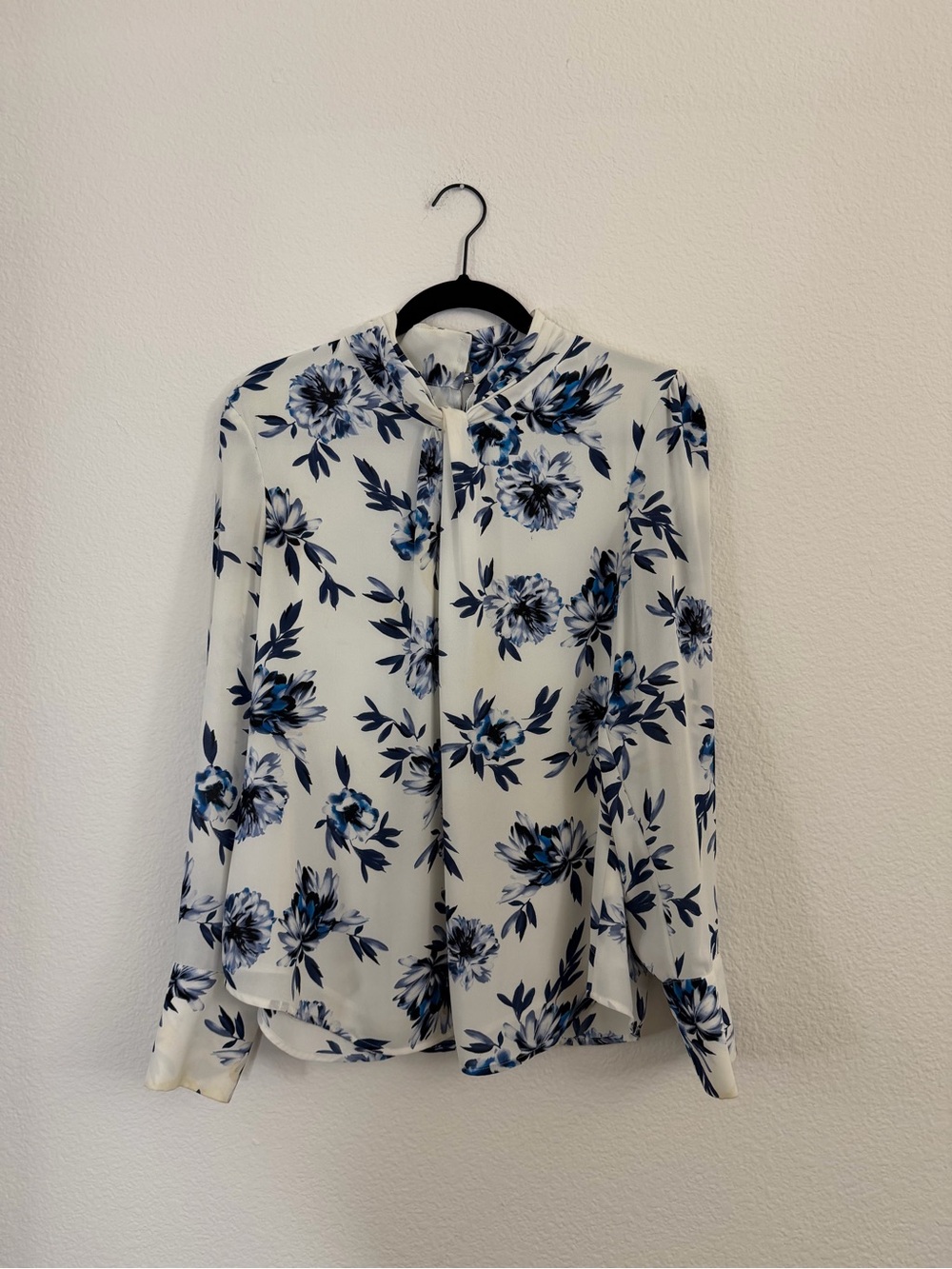 White House Black Market Ivory Blouse with Blue Floral Print